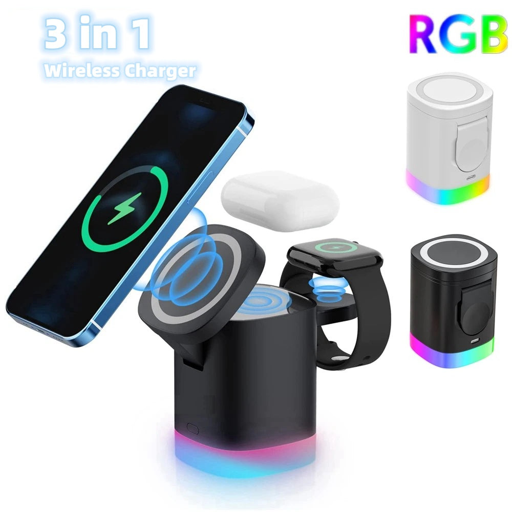 3-in-1 Magnetic Wireless Fast Charger with RGB Ambient Light - Tech Buddy