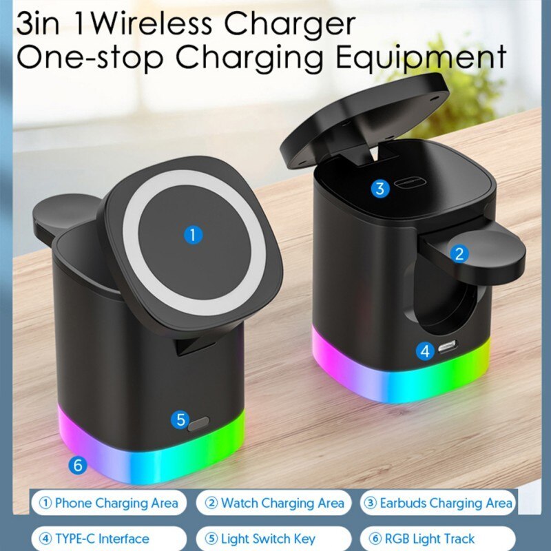 3-in-1 Magnetic Wireless Fast Charger with RGB Ambient Light - Tech Buddy